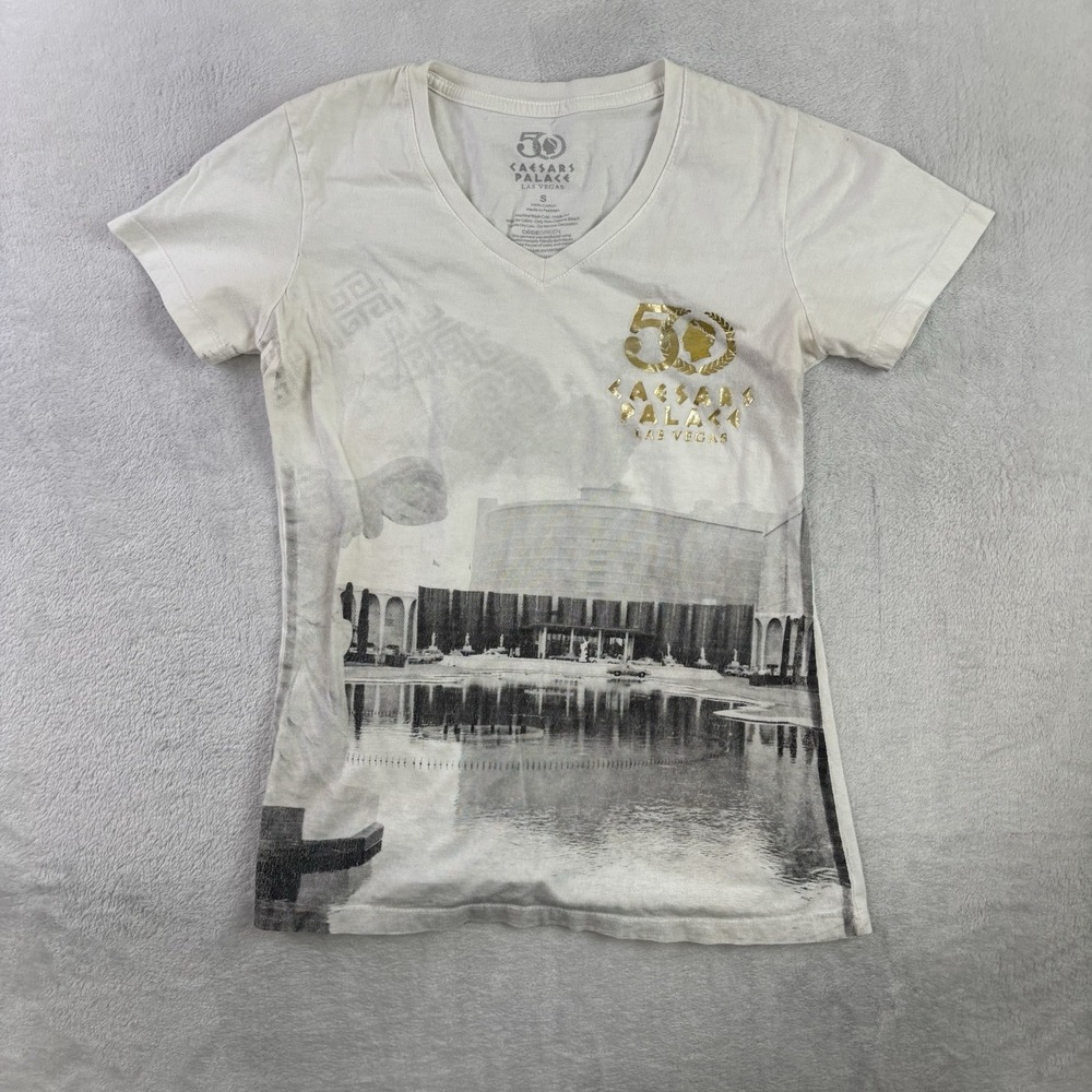 Caesars Palace Las Vegas 50 Year Anniversary White SS Graphic Shirt V-Neck S